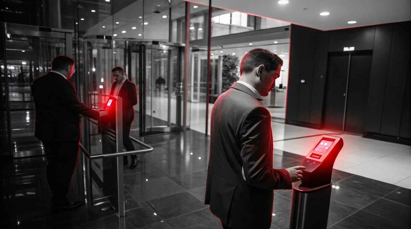 Access control terminal beside a glass door